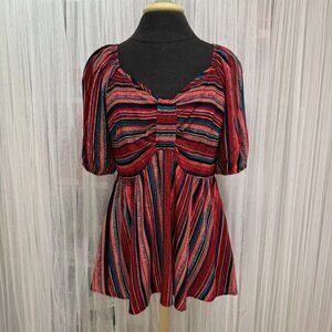NWT BloomChic Multicolor Striped Puff Sleeve Babydoll Top Size US 10 Colorful